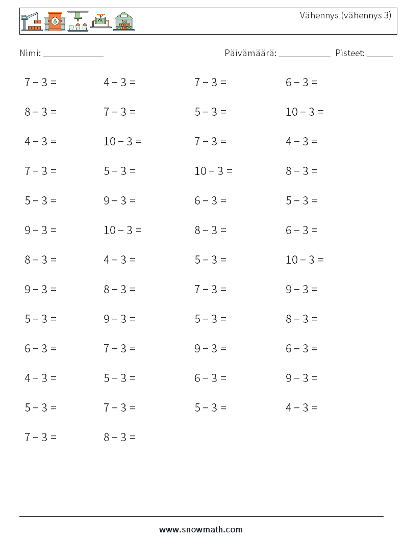 (50) Vähennys (vähennys 3) Matematiikan laskentataulukot 9