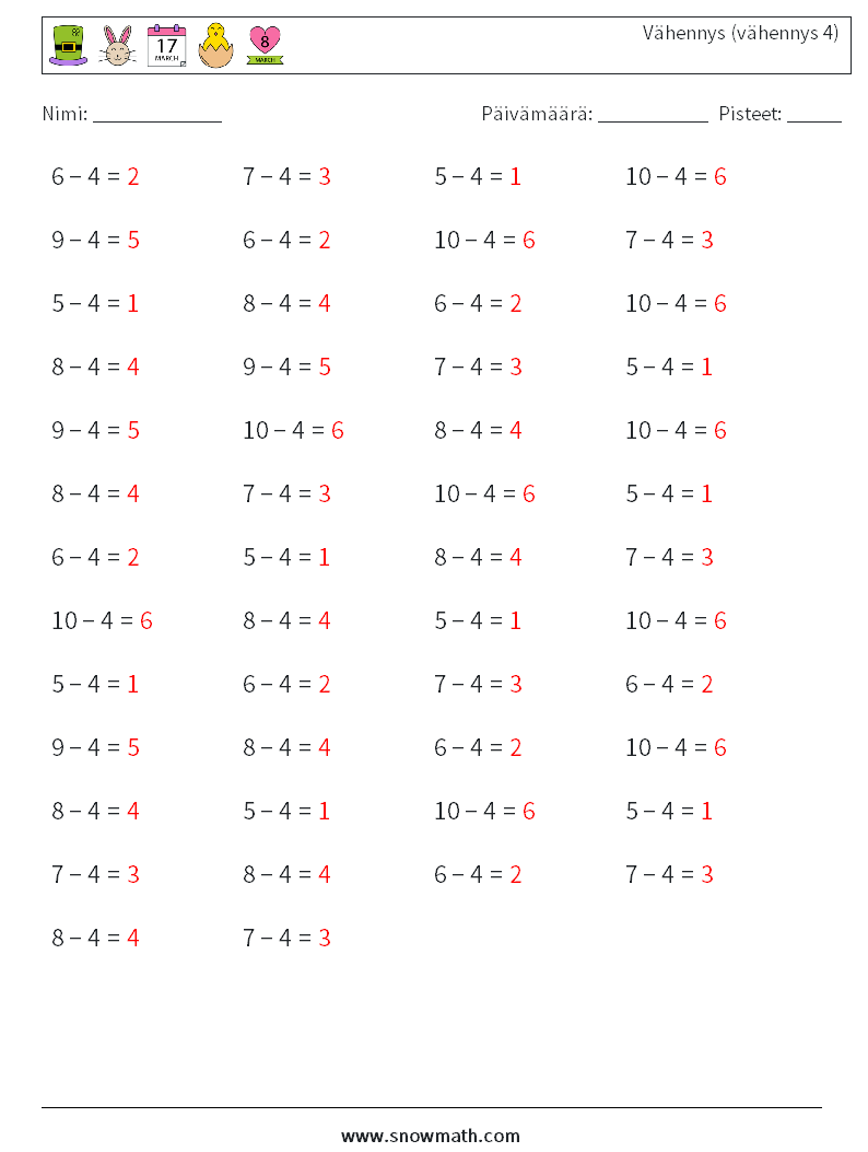 (50) Vähennys (vähennys 4) Matematiikan laskentataulukot 1 Kysymys, vastaus