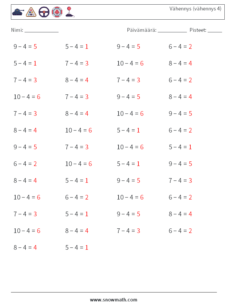 (50) Vähennys (vähennys 4) Matematiikan laskentataulukot 2 Kysymys, vastaus