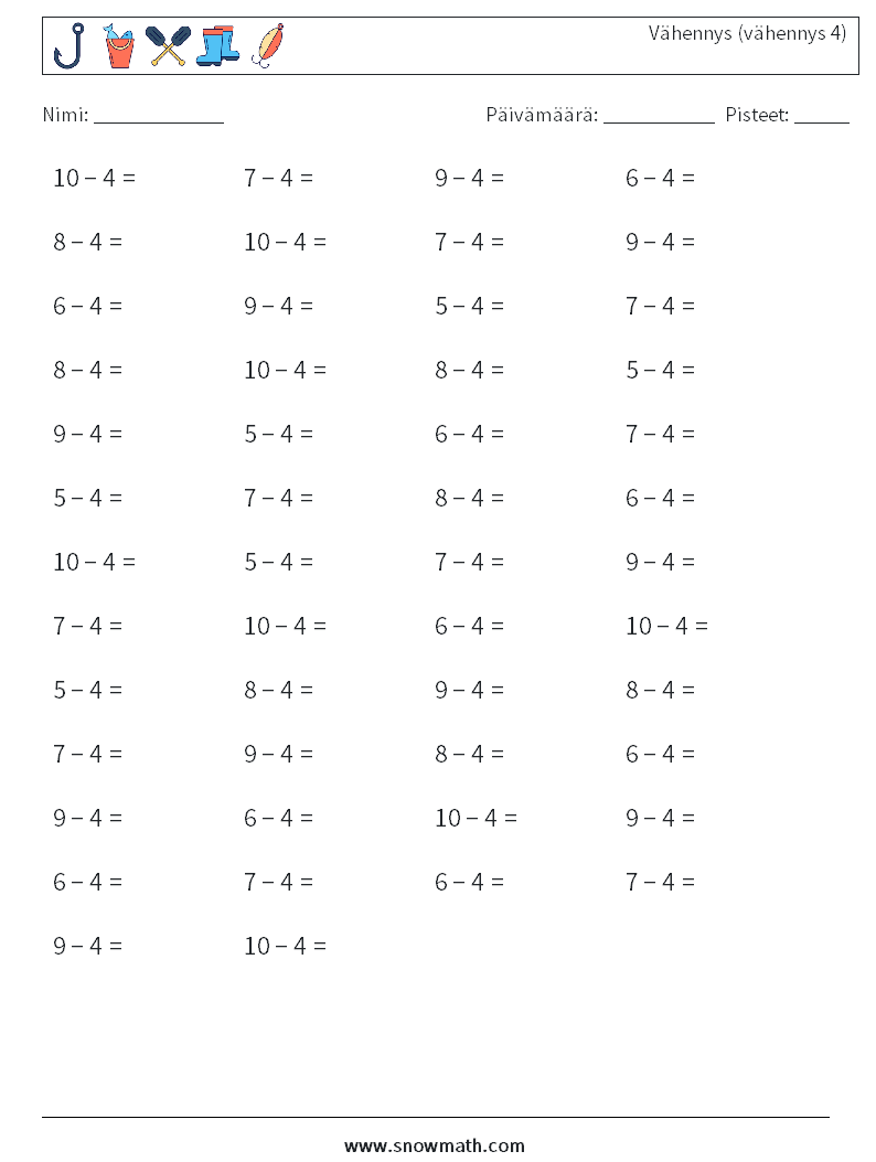 (50) Vähennys (vähennys 4) Matematiikan laskentataulukot 4