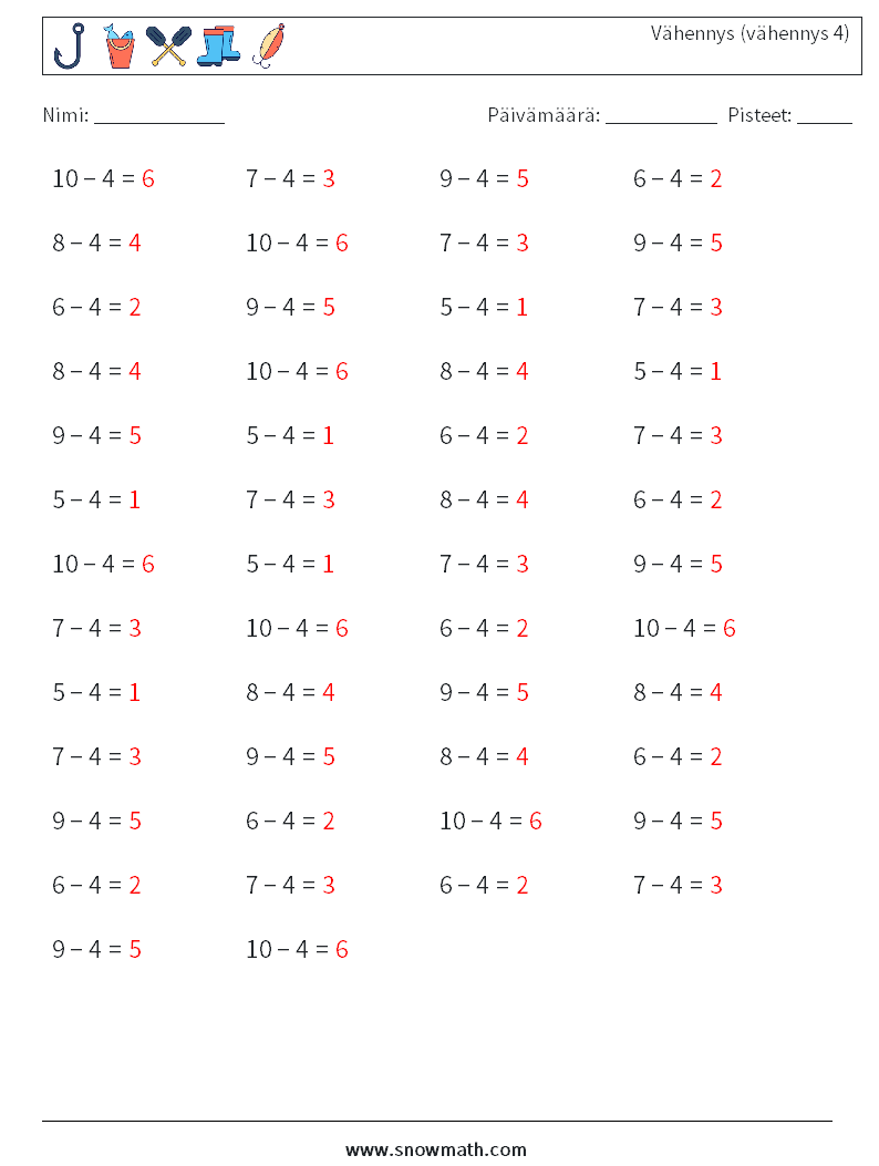 (50) Vähennys (vähennys 4) Matematiikan laskentataulukot 4 Kysymys, vastaus