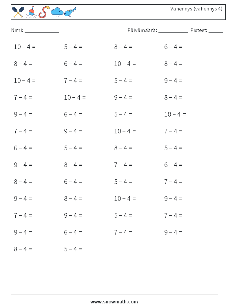 (50) Vähennys (vähennys 4) Matematiikan laskentataulukot 5