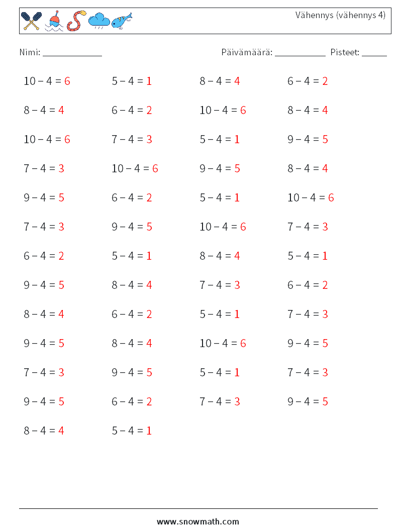 (50) Vähennys (vähennys 4) Matematiikan laskentataulukot 5 Kysymys, vastaus