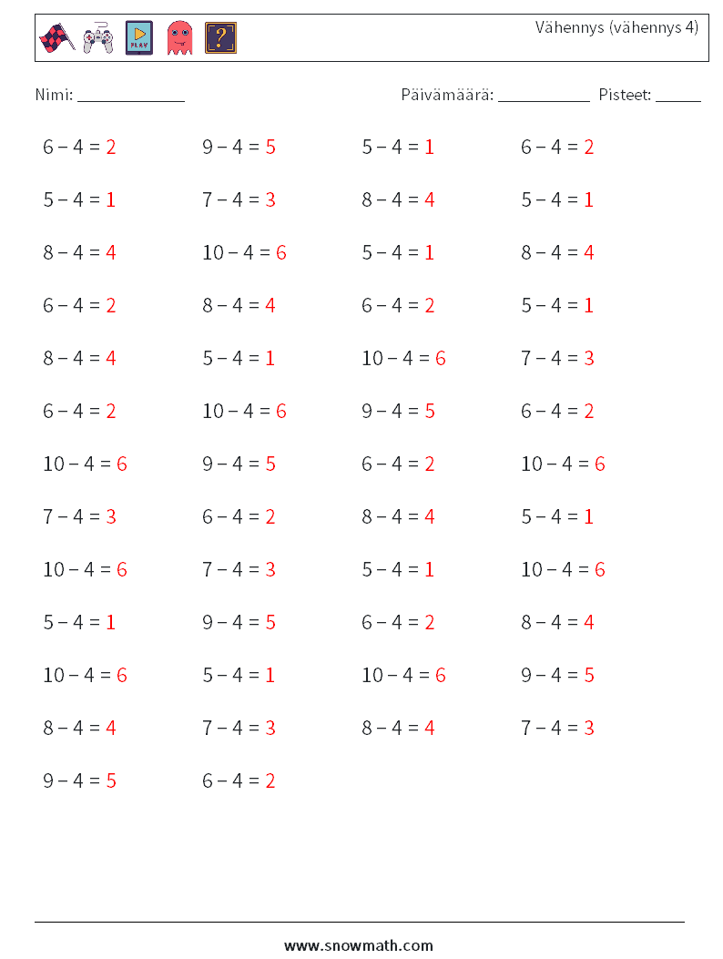 (50) Vähennys (vähennys 4) Matematiikan laskentataulukot 6 Kysymys, vastaus