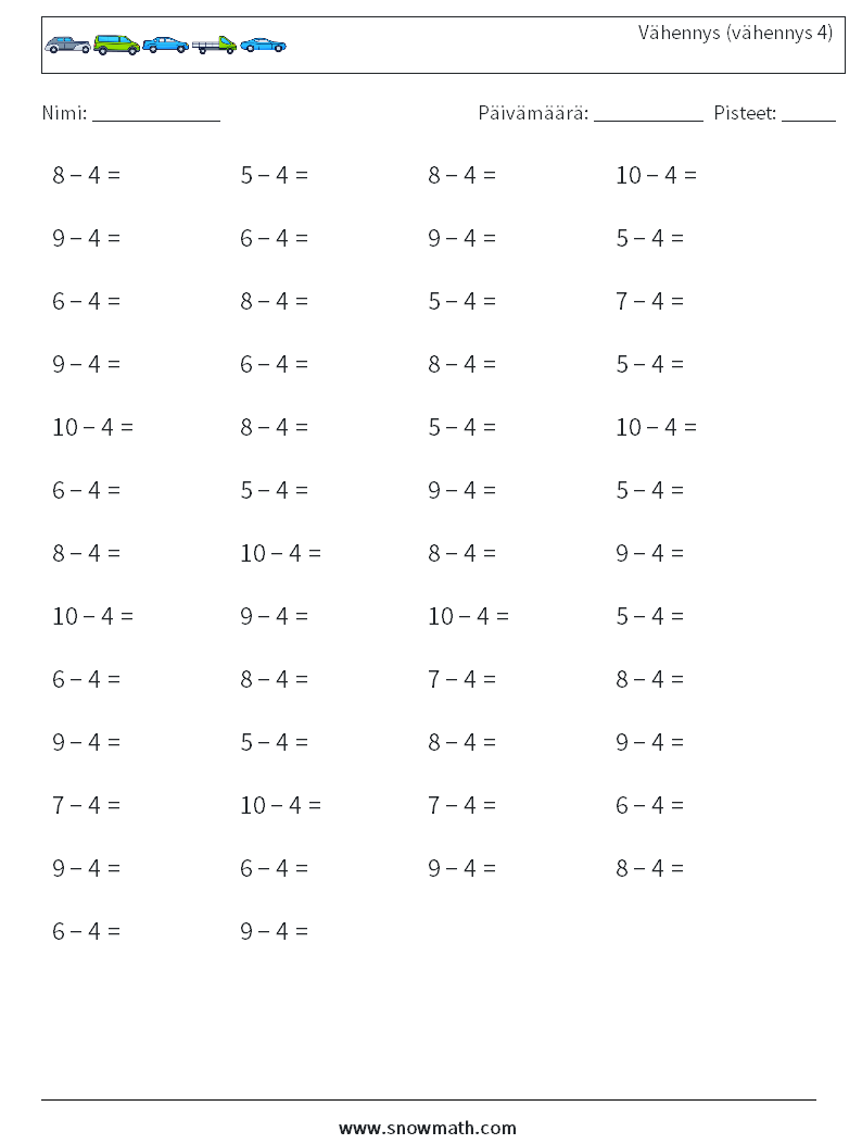 (50) Vähennys (vähennys 4) Matematiikan laskentataulukot 7