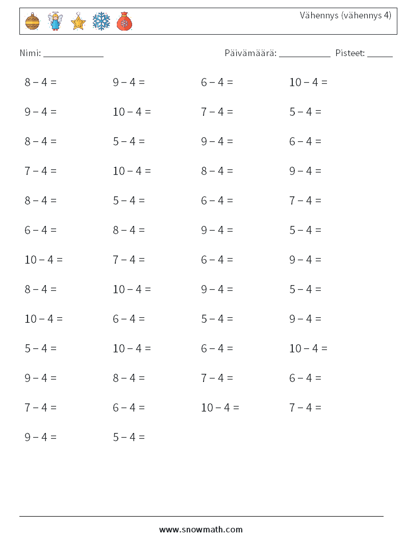 (50) Vähennys (vähennys 4) Matematiikan laskentataulukot 8