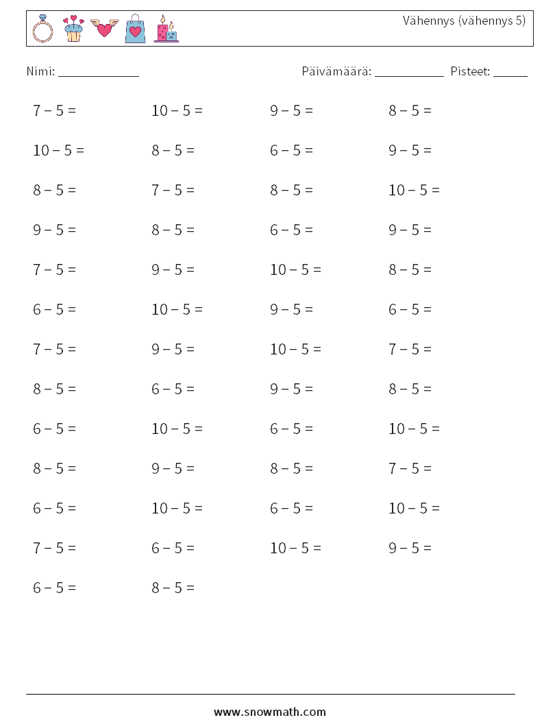 (50) Vähennys (vähennys 5) Matematiikan laskentataulukot 1