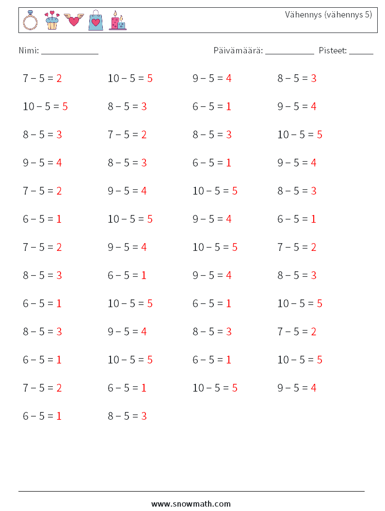 (50) Vähennys (vähennys 5) Matematiikan laskentataulukot 1 Kysymys, vastaus