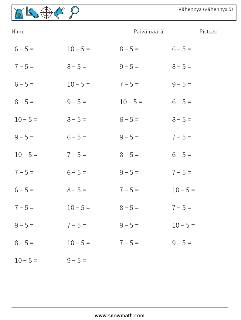 (50) Vähennys (vähennys 5) Matematiikan laskentataulukot 2