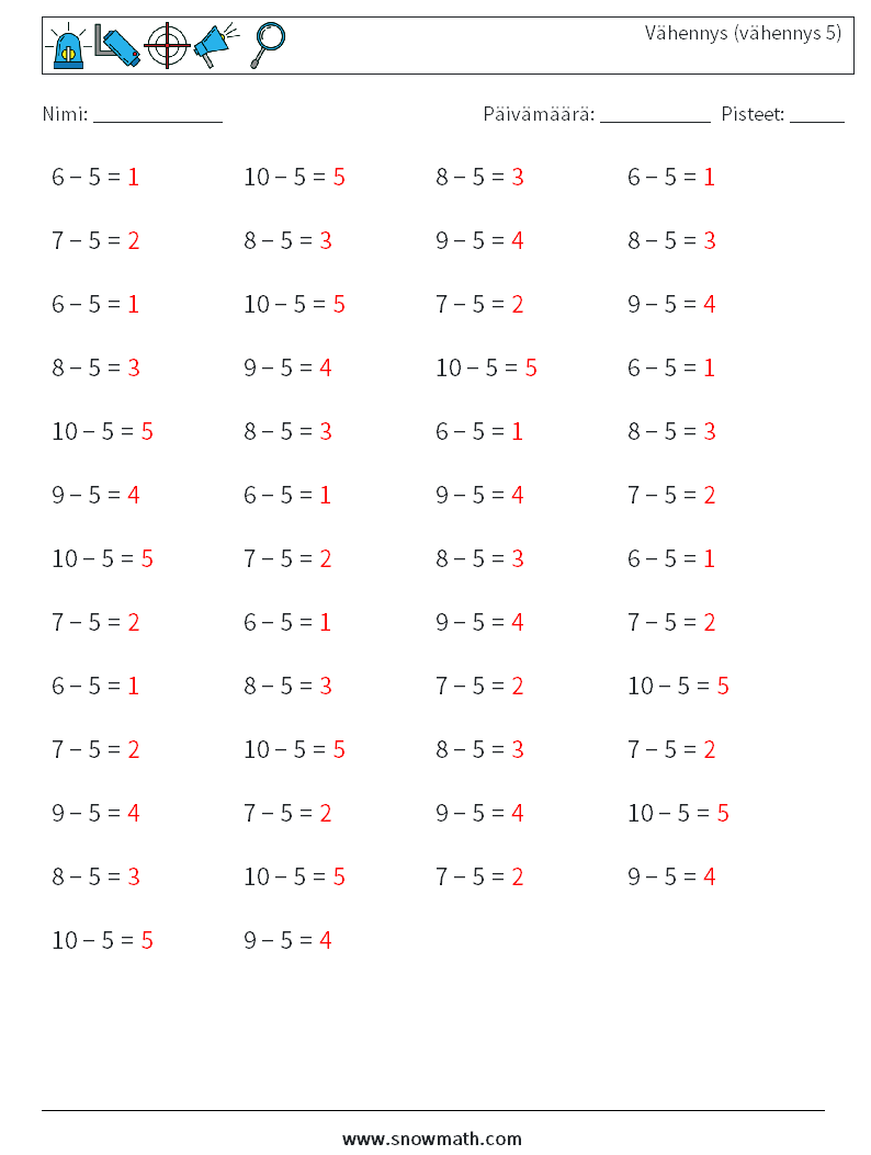 (50) Vähennys (vähennys 5) Matematiikan laskentataulukot 2 Kysymys, vastaus