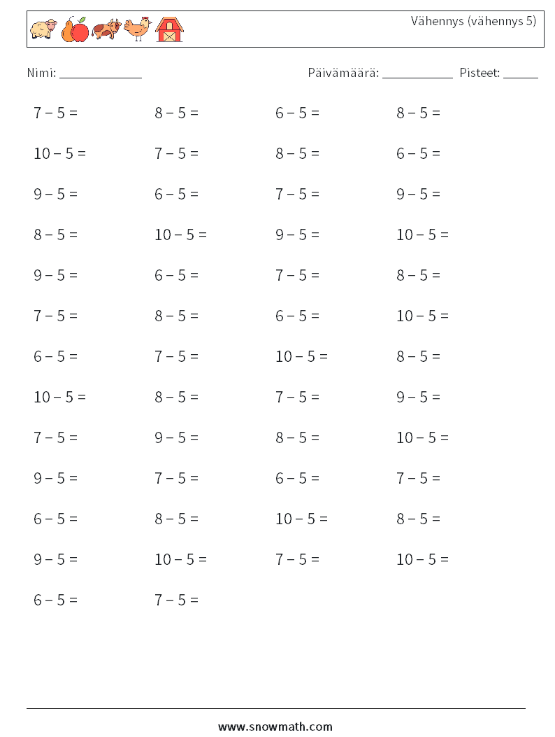 (50) Vähennys (vähennys 5) Matematiikan laskentataulukot 3