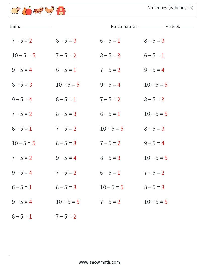 (50) Vähennys (vähennys 5) Matematiikan laskentataulukot 3 Kysymys, vastaus