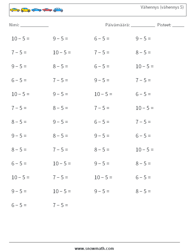 (50) Vähennys (vähennys 5) Matematiikan laskentataulukot 4