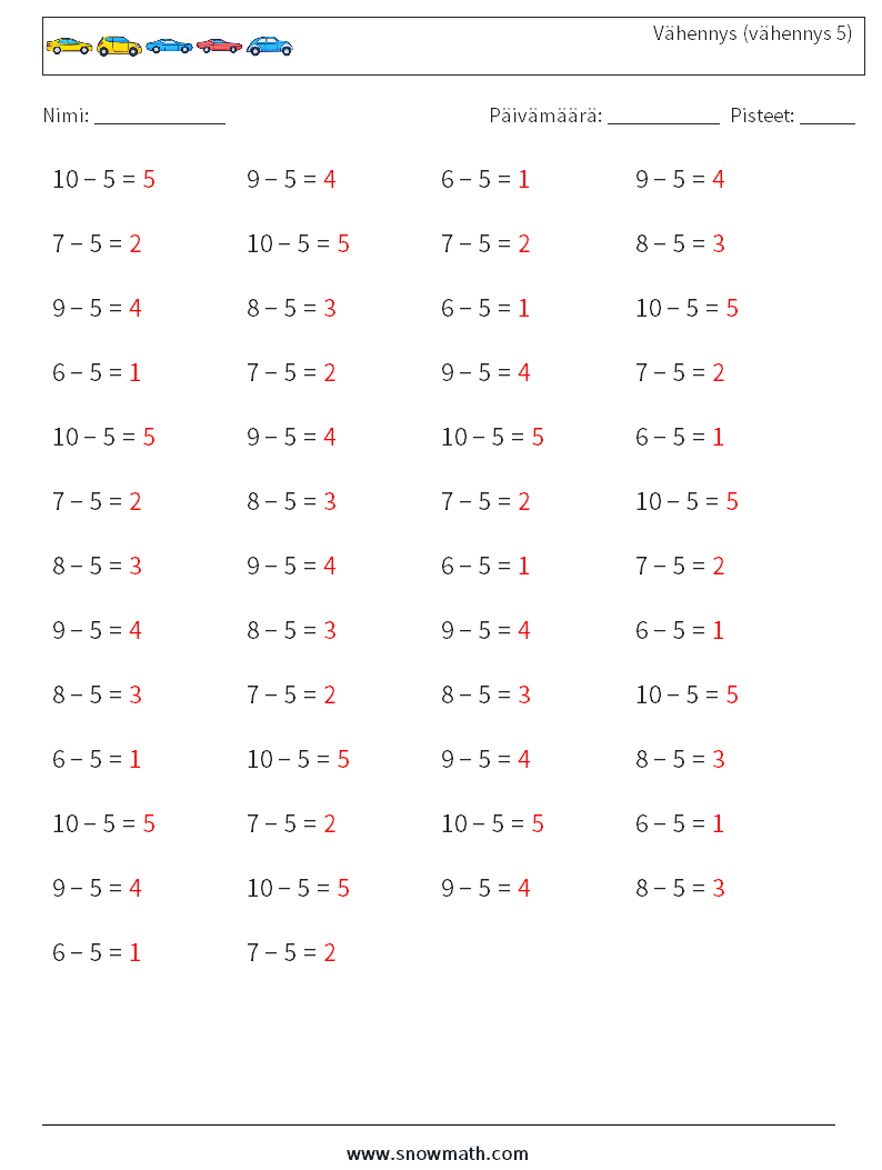 (50) Vähennys (vähennys 5) Matematiikan laskentataulukot 4 Kysymys, vastaus