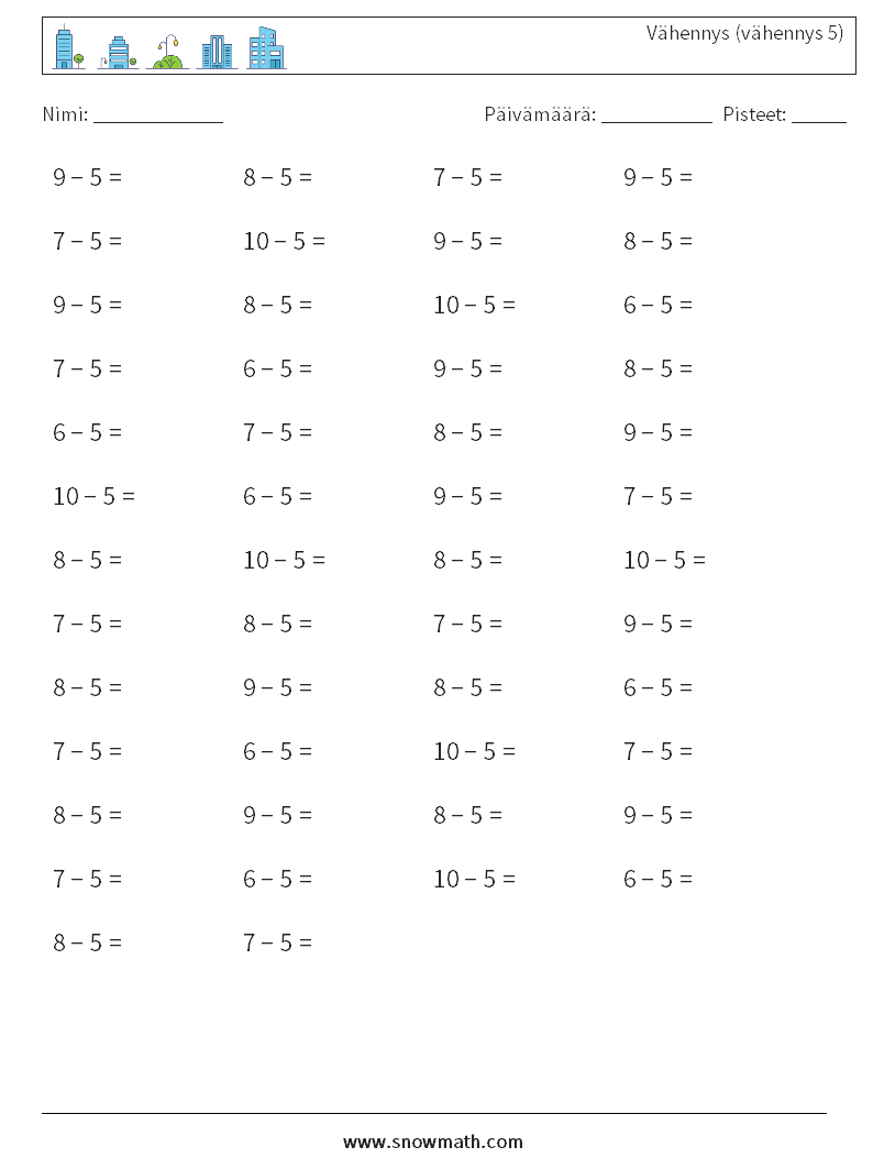 (50) Vähennys (vähennys 5) Matematiikan laskentataulukot 5