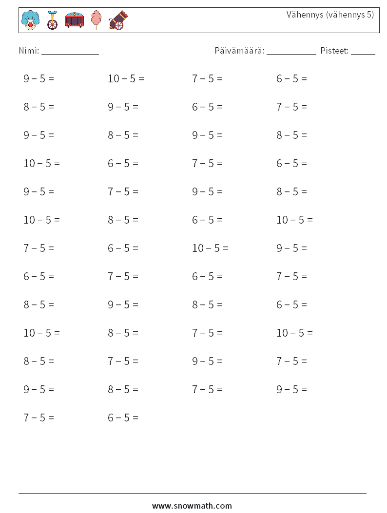 (50) Vähennys (vähennys 5) Matematiikan laskentataulukot 7