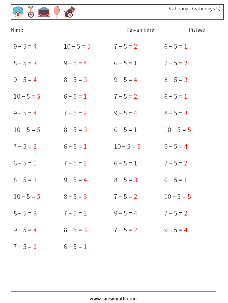 (50) Vähennys (vähennys 5) Matematiikan laskentataulukot 7 Kysymys, vastaus