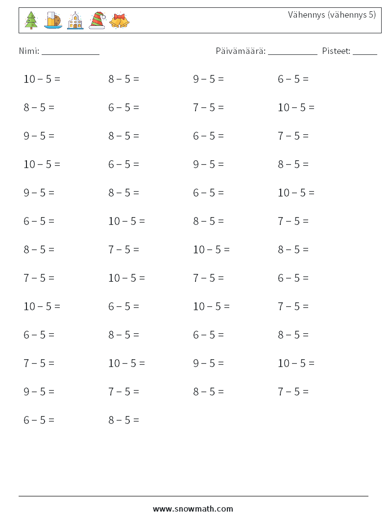 (50) Vähennys (vähennys 5) Matematiikan laskentataulukot 8