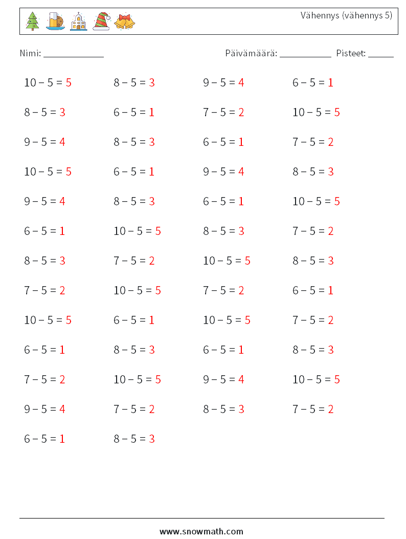 (50) Vähennys (vähennys 5) Matematiikan laskentataulukot 8 Kysymys, vastaus