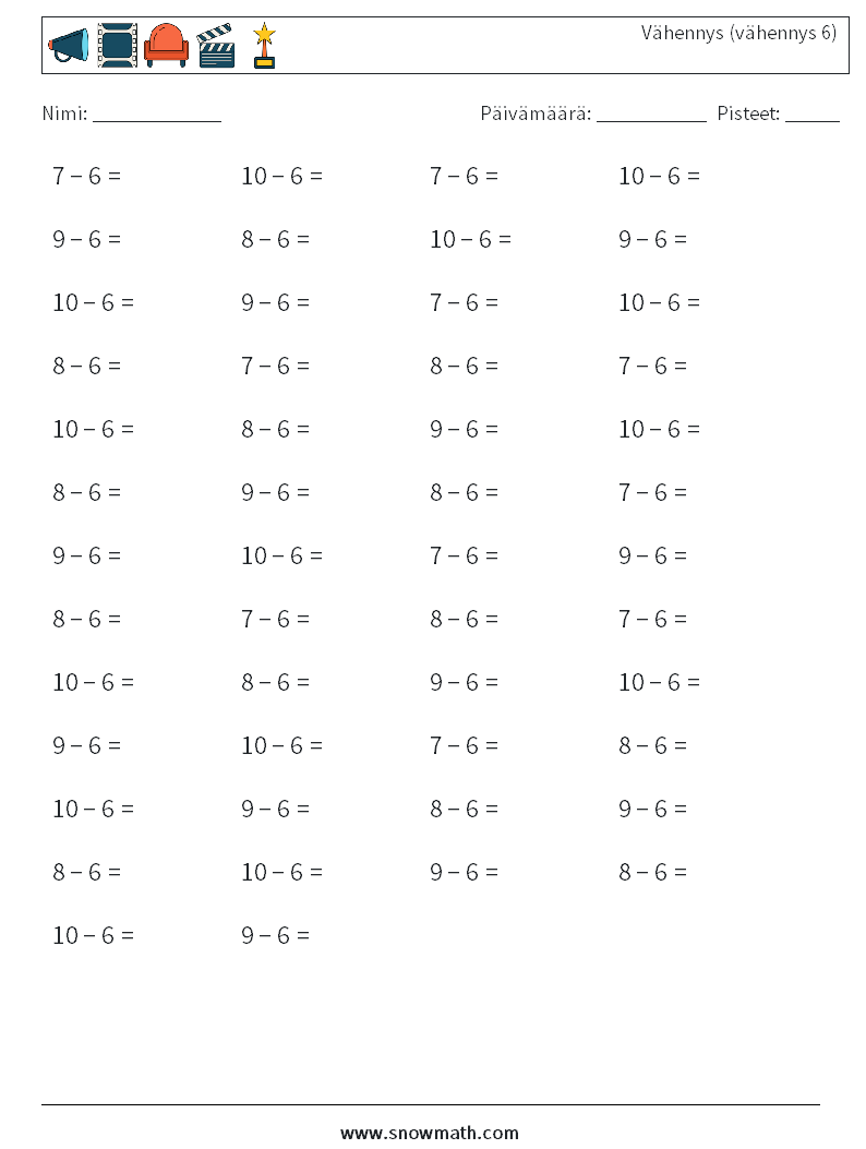 (50) Vähennys (vähennys 6) Matematiikan laskentataulukot 2