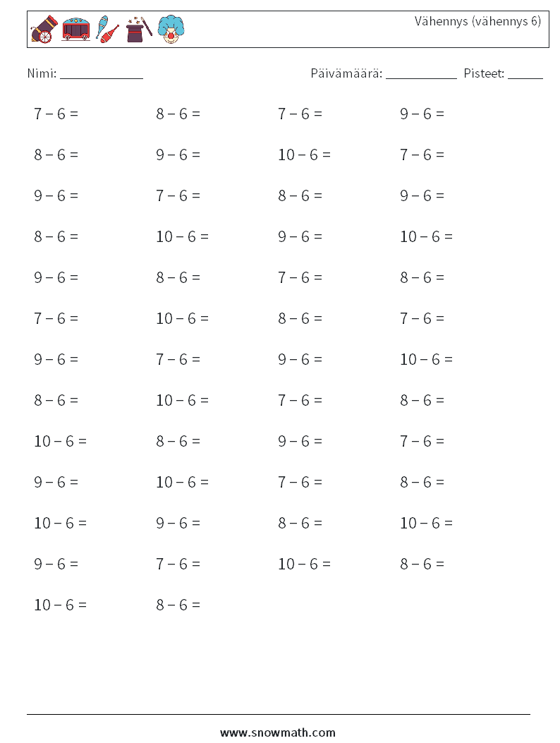 (50) Vähennys (vähennys 6) Matematiikan laskentataulukot 3