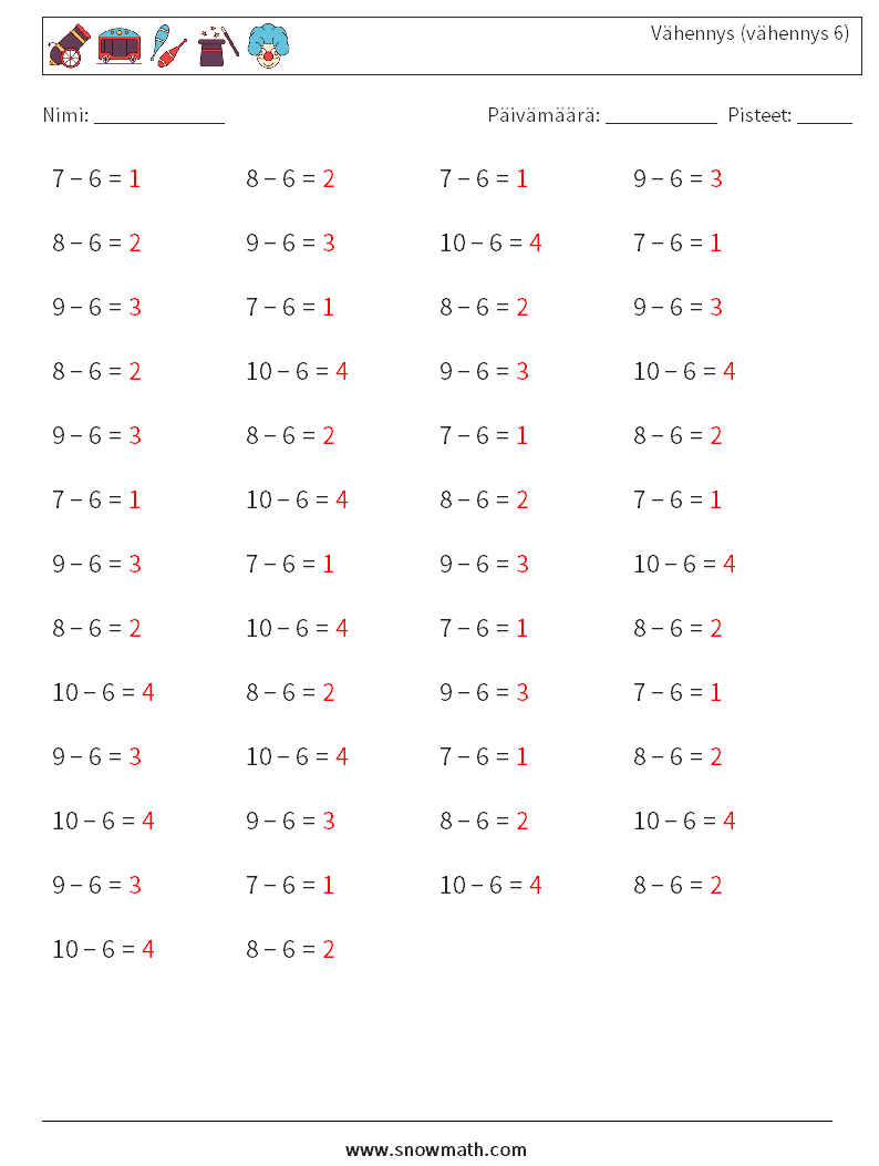 (50) Vähennys (vähennys 6) Matematiikan laskentataulukot 3 Kysymys, vastaus