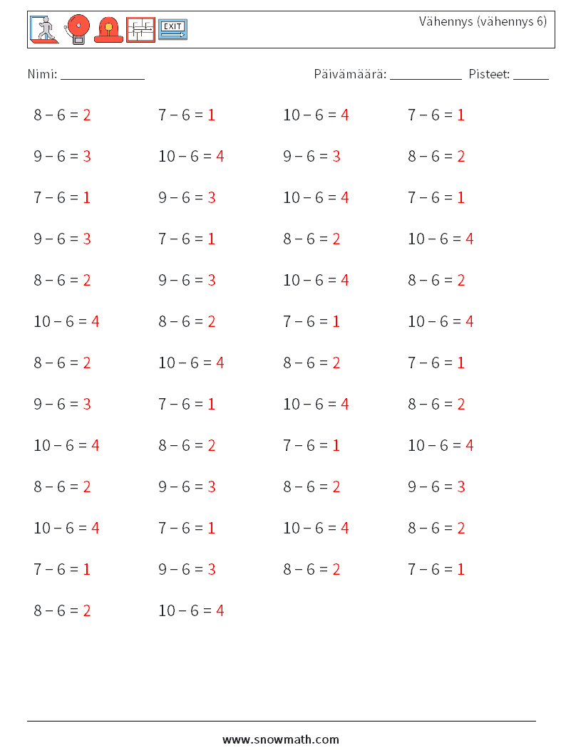 (50) Vähennys (vähennys 6) Matematiikan laskentataulukot 4 Kysymys, vastaus