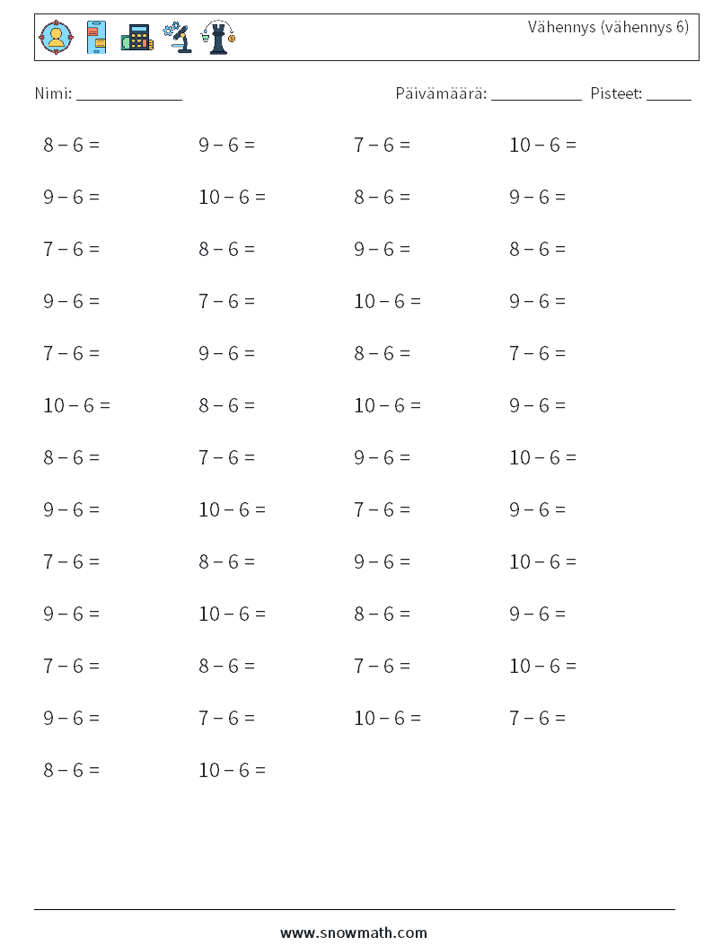 (50) Vähennys (vähennys 6) Matematiikan laskentataulukot 5