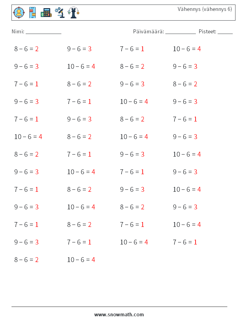 (50) Vähennys (vähennys 6) Matematiikan laskentataulukot 5 Kysymys, vastaus