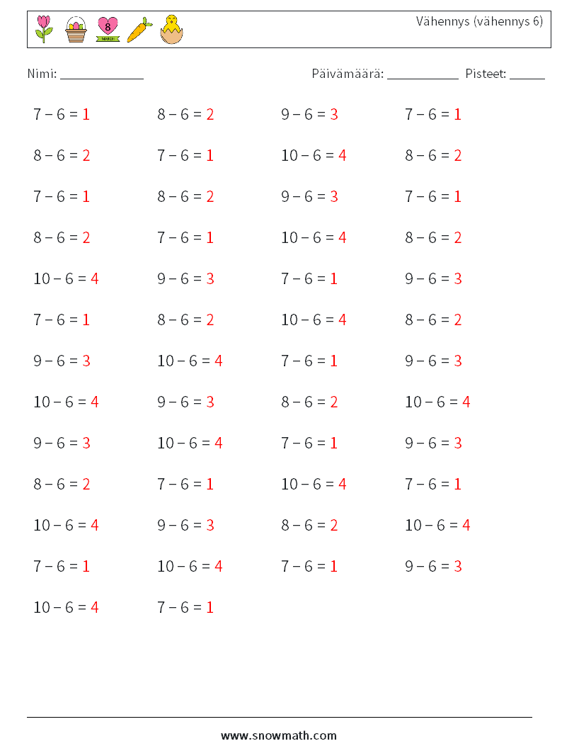 (50) Vähennys (vähennys 6) Matematiikan laskentataulukot 6 Kysymys, vastaus