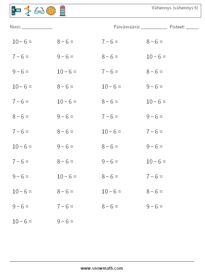 (50) Vähennys (vähennys 6) Matematiikan laskentataulukot 7