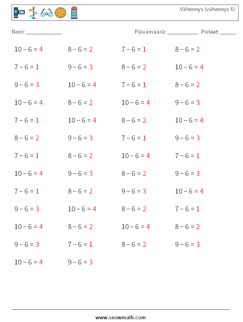 (50) Vähennys (vähennys 6) Matematiikan laskentataulukot 7 Kysymys, vastaus
