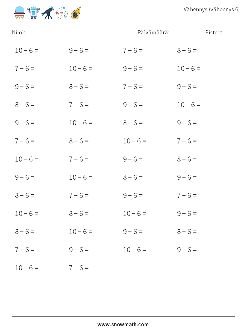 (50) Vähennys (vähennys 6) Matematiikan laskentataulukot 8