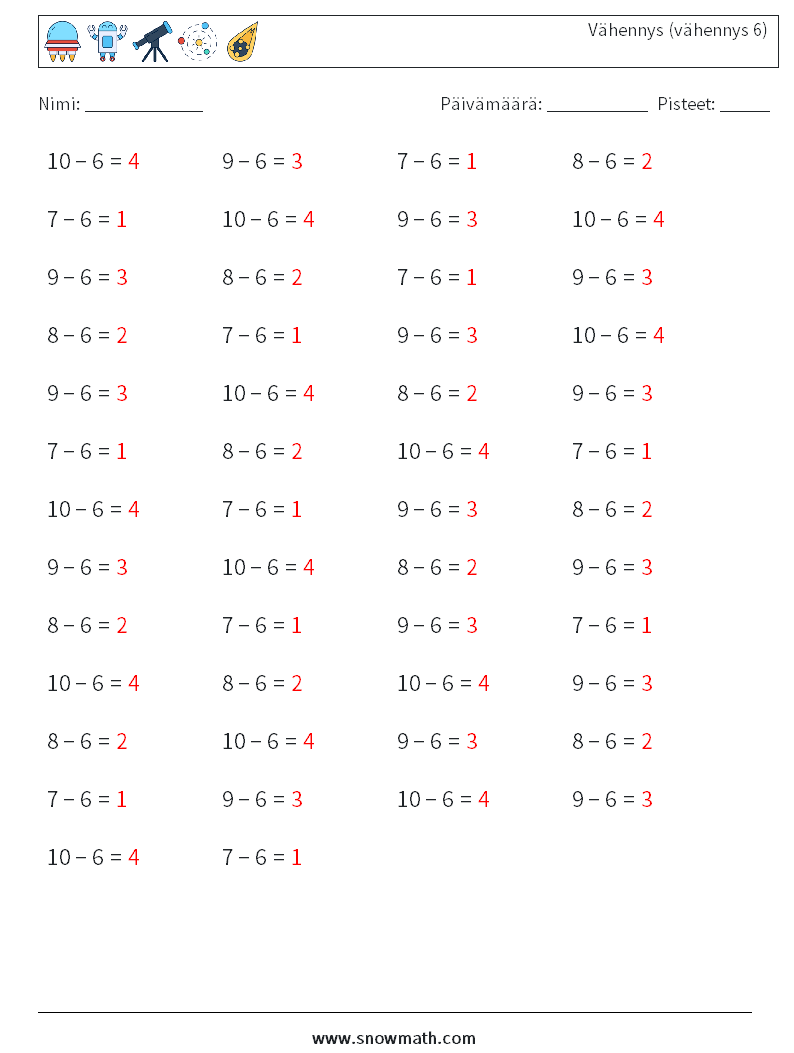 (50) Vähennys (vähennys 6) Matematiikan laskentataulukot 8 Kysymys, vastaus