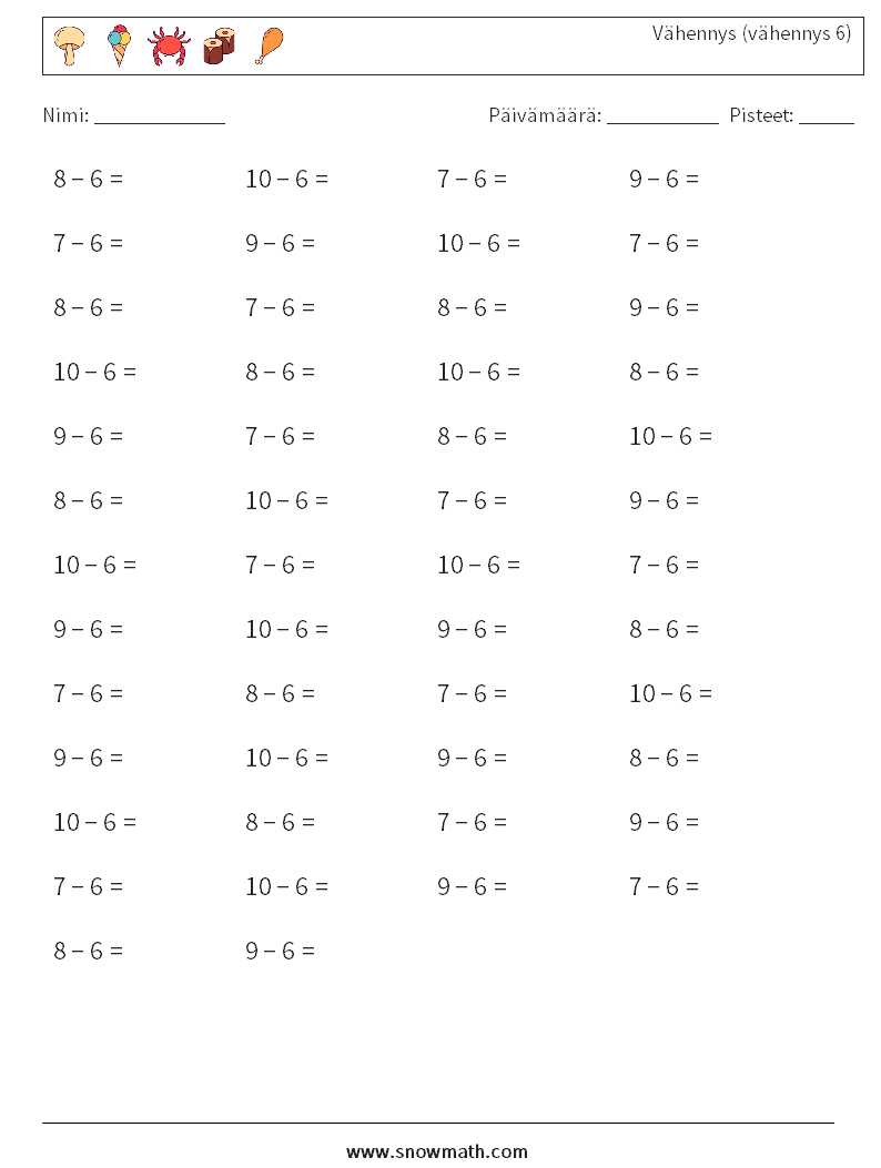(50) Vähennys (vähennys 6) Matematiikan laskentataulukot 9