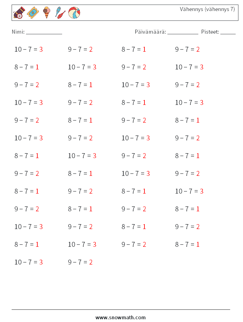 (50) Vähennys (vähennys 7) Matematiikan laskentataulukot 1 Kysymys, vastaus