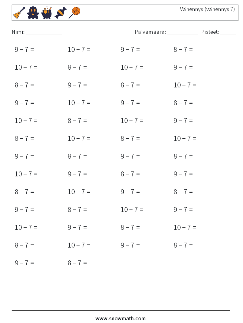 (50) Vähennys (vähennys 7) Matematiikan laskentataulukot 2