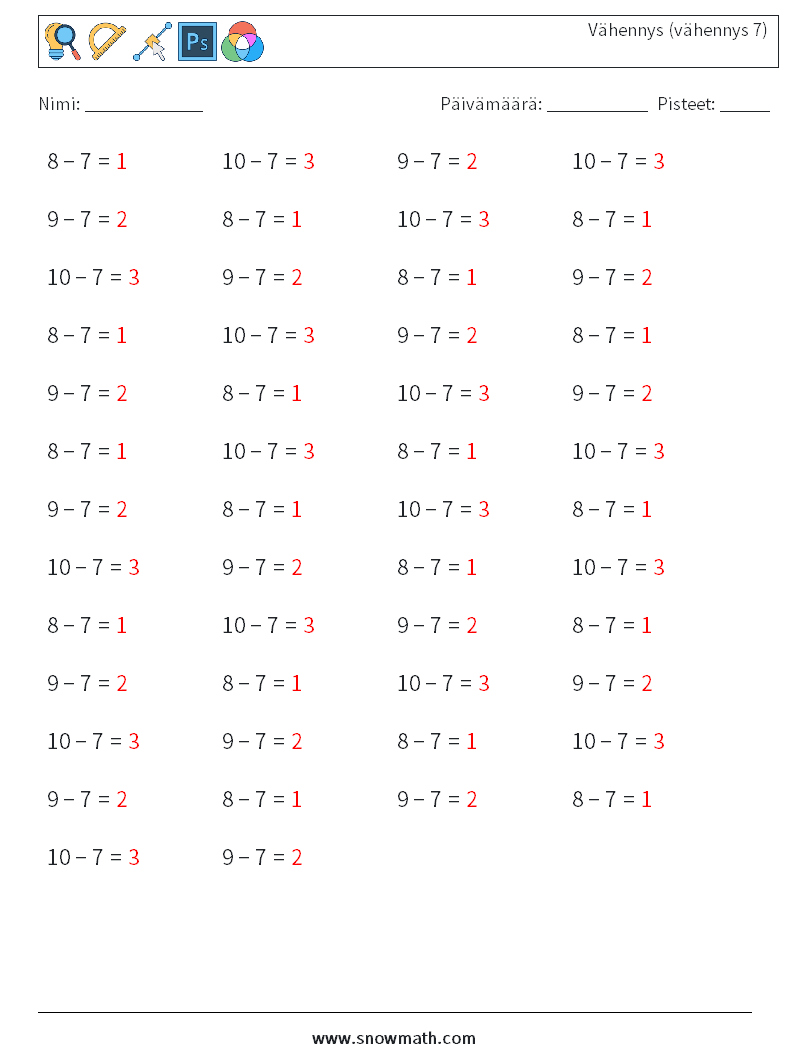 (50) Vähennys (vähennys 7) Matematiikan laskentataulukot 3 Kysymys, vastaus