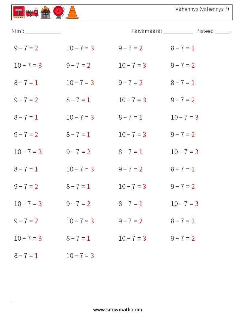 (50) Vähennys (vähennys 7) Matematiikan laskentataulukot 4 Kysymys, vastaus