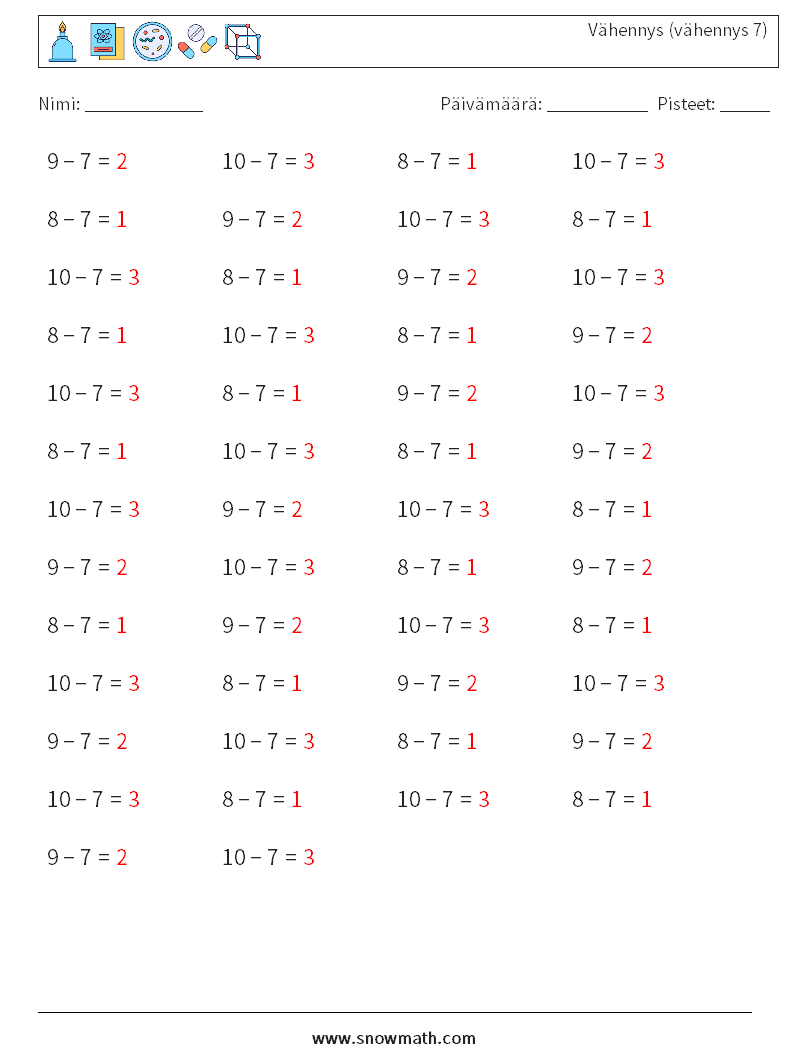 (50) Vähennys (vähennys 7) Matematiikan laskentataulukot 5 Kysymys, vastaus
