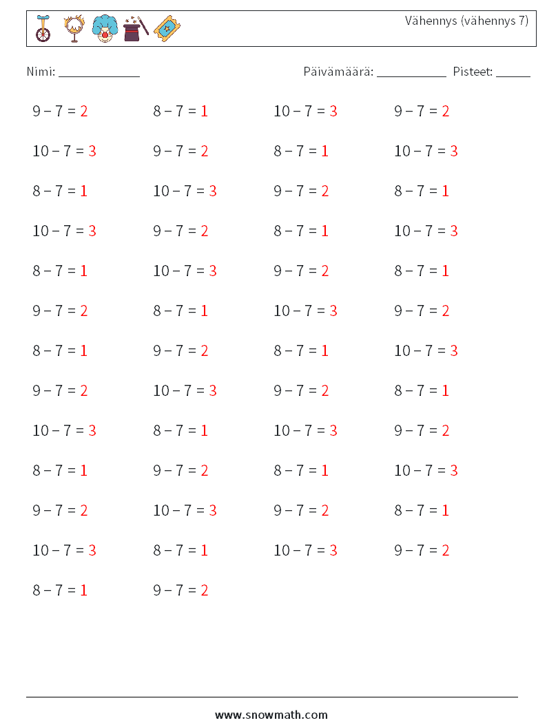 (50) Vähennys (vähennys 7) Matematiikan laskentataulukot 6 Kysymys, vastaus