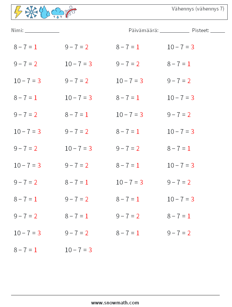 (50) Vähennys (vähennys 7) Matematiikan laskentataulukot 7 Kysymys, vastaus