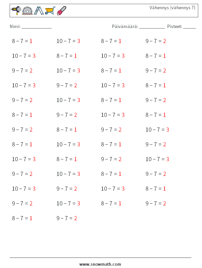 (50) Vähennys (vähennys 7) Matematiikan laskentataulukot 8 Kysymys, vastaus