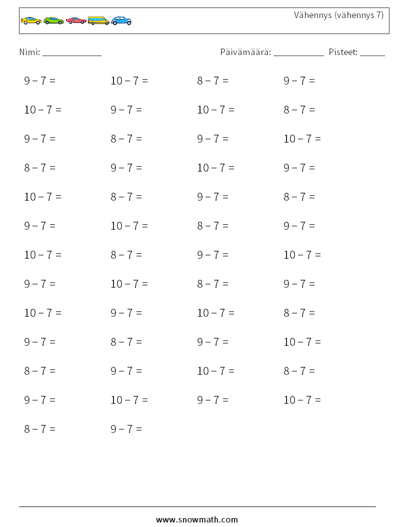 (50) Vähennys (vähennys 7) Matematiikan laskentataulukot 9
