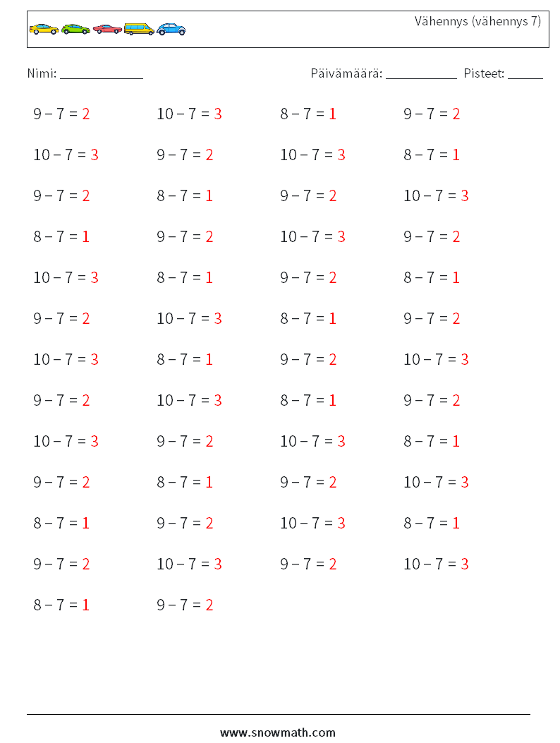 (50) Vähennys (vähennys 7) Matematiikan laskentataulukot 9 Kysymys, vastaus