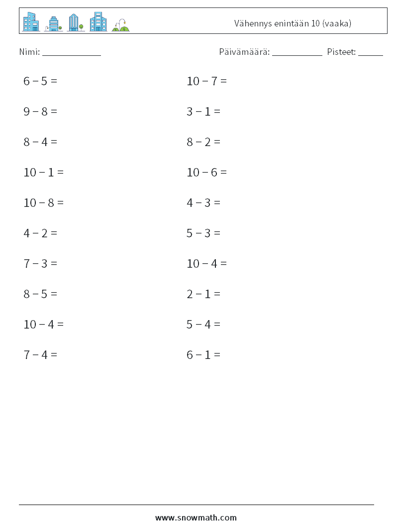 (20) Vähennys enintään 10 (vaaka) Matematiikan laskentataulukot 1