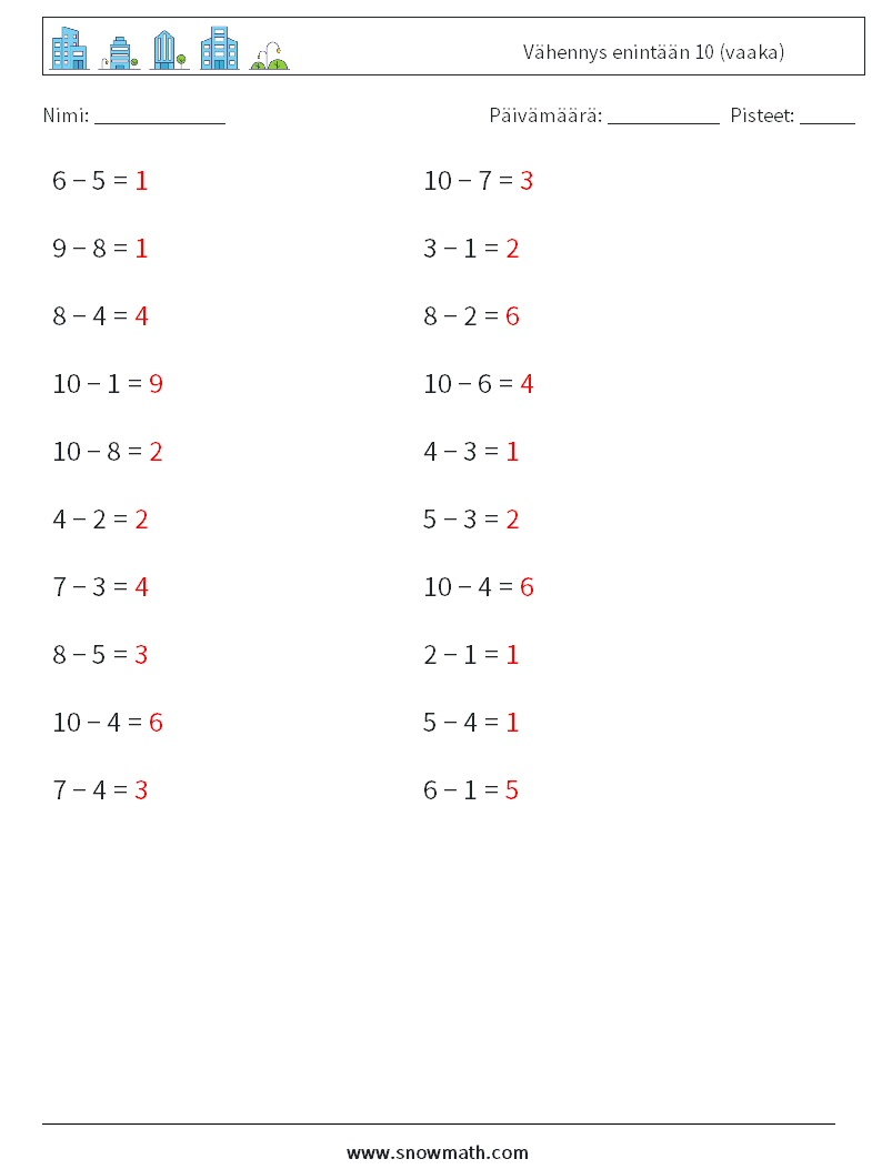 (20) Vähennys enintään 10 (vaaka) Matematiikan laskentataulukot 1 Kysymys, vastaus
