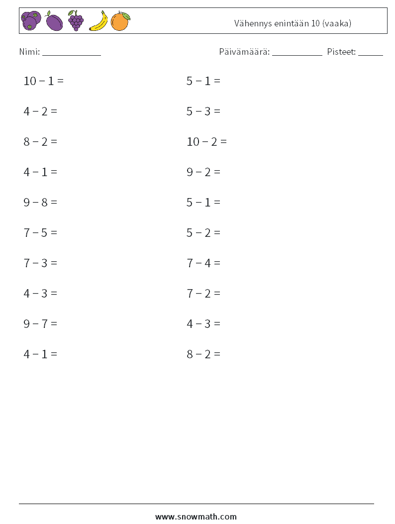 (20) Vähennys enintään 10 (vaaka) Matematiikan laskentataulukot 2