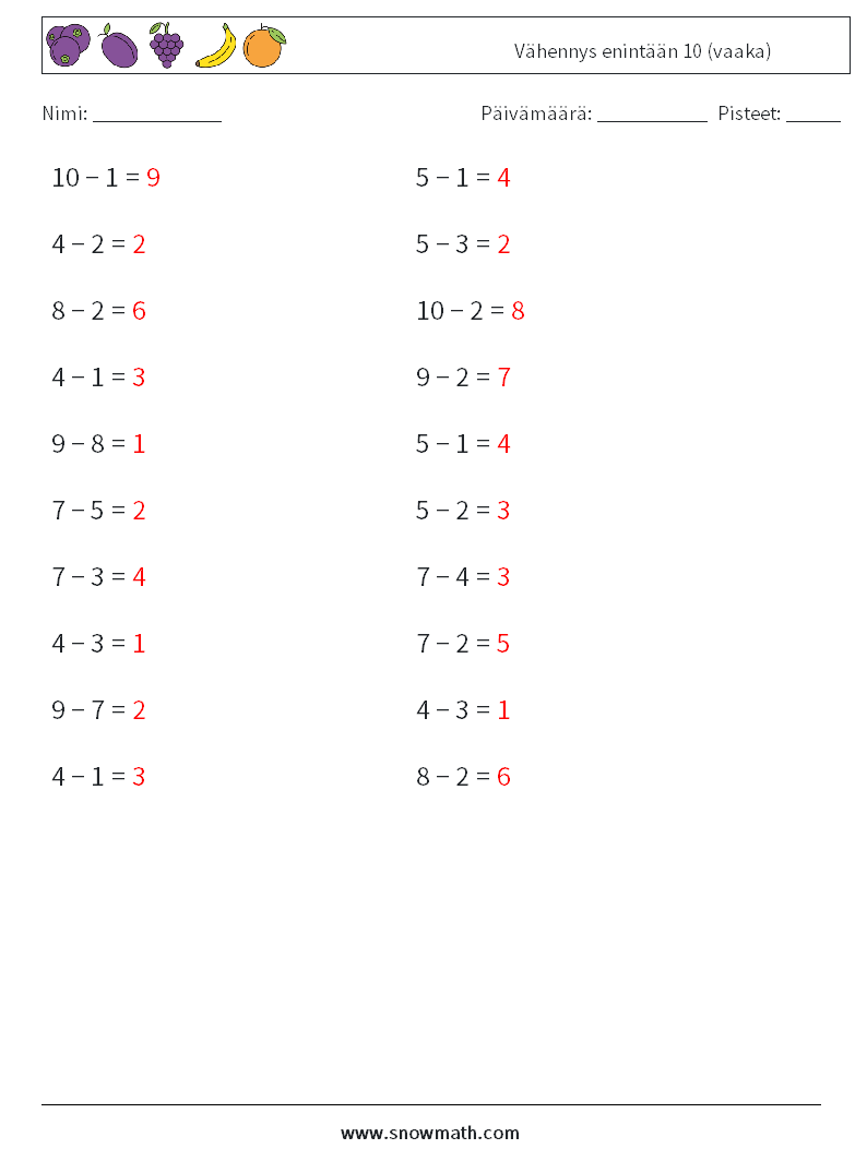 (20) Vähennys enintään 10 (vaaka) Matematiikan laskentataulukot 2 Kysymys, vastaus