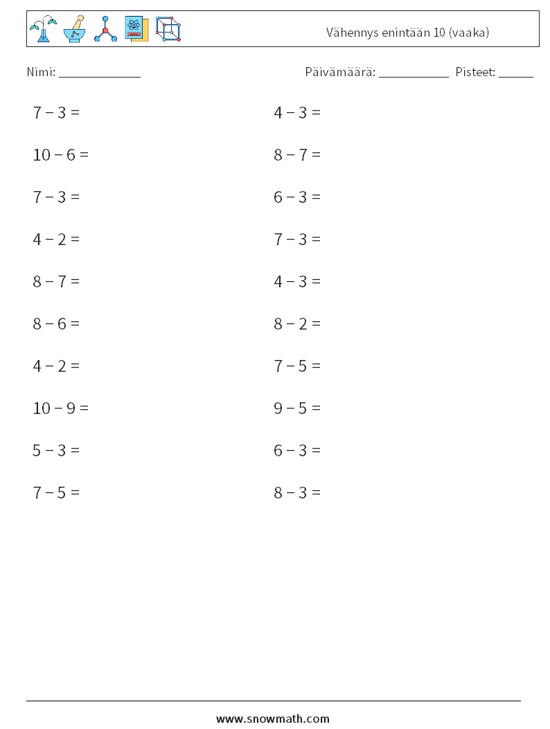 (20) Vähennys enintään 10 (vaaka) Matematiikan laskentataulukot 3